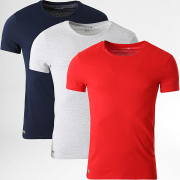 Lacoste - Lot De 3 Tee Shirts Slim Fit Logo Brodé Crocodile Bleu Marine Rouge Gris Chiné