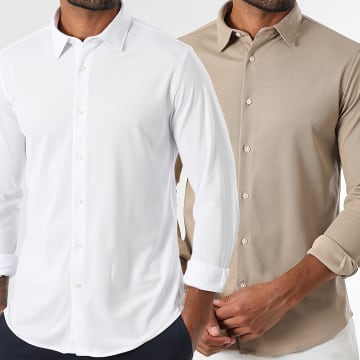 LBO - Lot De 2 Chemises Manches Longues Pique Stretch 0019 0018 Blanc Beige Foncé