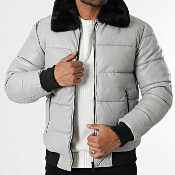 Kymaxx - Doudoune Col Fourrure Simili Cuir Gris Clair
