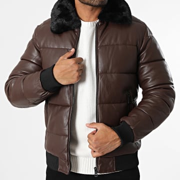 Kymaxx - Doudoune Col Fourrure Simili Cuir Marron