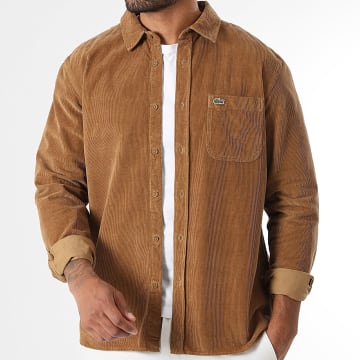 Lacoste - Cammello Maglietta over a coste con logo ricamato in coccodrillo