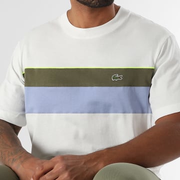 Lacoste - Tee Shirt Logo Brodé Crocodile Blanc Vert Kaki Bleu Clair