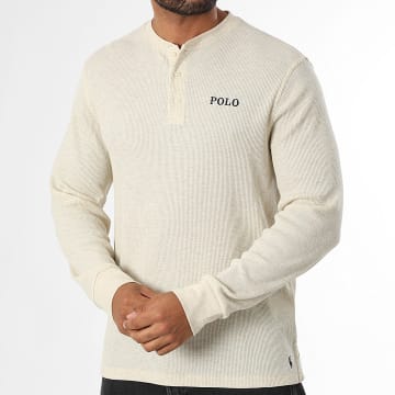 Polo Ralph Lauren - Tee Shirt Manches Longues Texturé Waffle Logo Beige Chiné