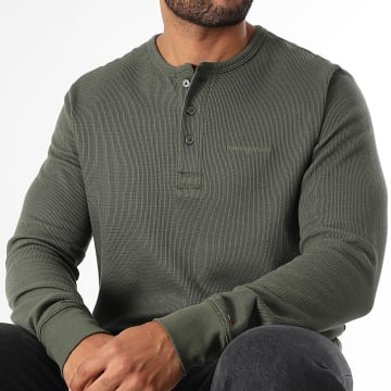Tommy Jeans - Tee Shirt Manches Longues Slim Waffle Script Henley 1812 Vert Kaki