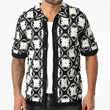 Frilivin - 303 Zwart Licht Beige Opengewerkt Shirt met Korte Mouw