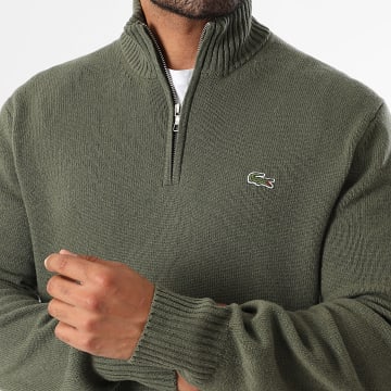 Lacoste - Pull Col Zippé Classic Fit Logo Brodé Crocodile Vert Kaki