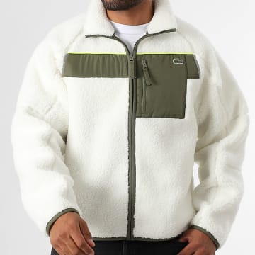 Lacoste - Blanco Verde Caqui Bordado Cocodrilo Logo Sherpa Zip Chaqueta