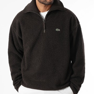 Lacoste - Sweat Polaire Col Zippé Logo Brodé Crocodile Marron