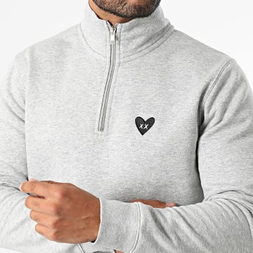 Luxury Lovers - Sweat Col Zippé Black Heart Embroidery Gris Chiné