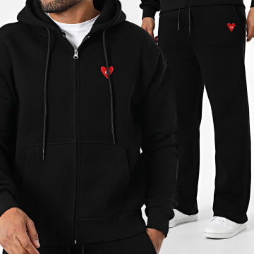 Luxury Lovers - Red Heart Embroidery Hooded Zip Sweat and Jogging Pants Set Black Red