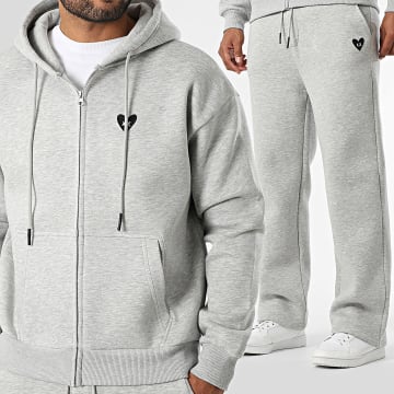 Luxury Lovers - Black Heart Embroidery Zip Sweat and Jogging Pants Set Heather Grey Black