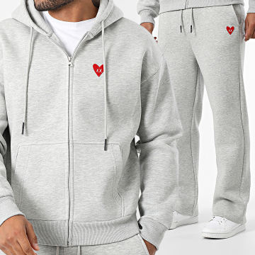 Luxury Lovers - Red Heart Embroidery Zip Sweat and Jogging Pants Set Heather Grey Red