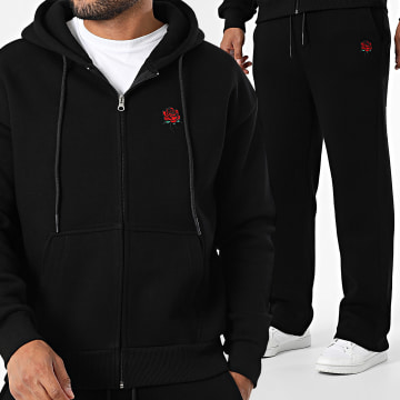 Luxury Lovers - Pink Embroidery Hooded Zip Sweat and Jogging Pants Set Black Red