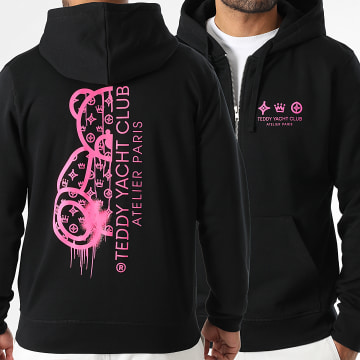 Teddy Yacht Club - Sweat Zippé Capuche Atelier Paris Noir Rose Fluo