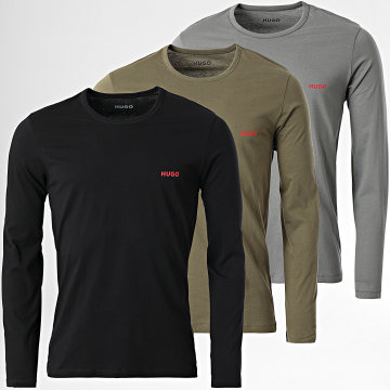 HUGO - Lote de 3 camisetas de manga larga 50492631 Negro Verde Caqui Gris Carbón