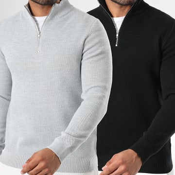 LBO - Lot De 2 Pulls Col Zippé Maille Texturée 2005 2156 Noir Gris Clair