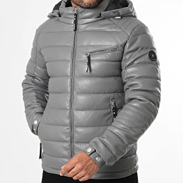 Kymaxx - Doudoune Capuche Simili Cuir Gris Anthracite