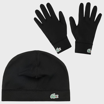 Lacoste - Lot Bonnet Et Gants Logo Crocodile Noir