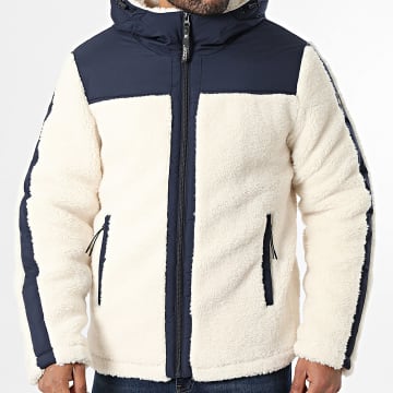 Kymaxx - Veste Polaire Capuche Zippée Beige Clair Bleu Marine