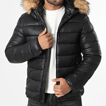 Kymaxx - Abrigo acolchado con capucha de piel Negro