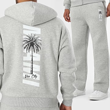 Luxury Lovers - Miami Palm Hooded Zip Sweat and Jogging Pants Set Heather Grey Black