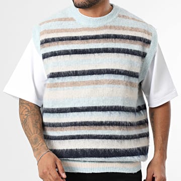 Classic Series - Pull Sans Manches A Rayures 422 Bleu Clair Beige Noir