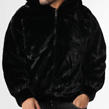 Frilivin - Chaqueta de Piel con Capucha y Cremallera E01 Negro