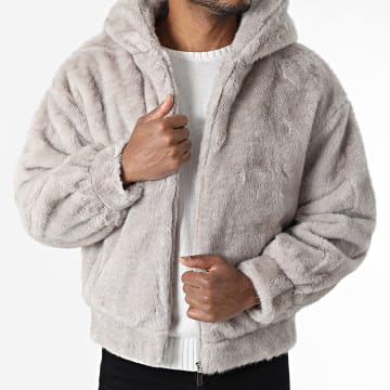 Frilivin - Chaqueta de piel sintética con capucha con cremallera E01 gris