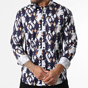 Classic Series - Camisa de Mangas Longas 001 Azul Marinho Branco Camelo