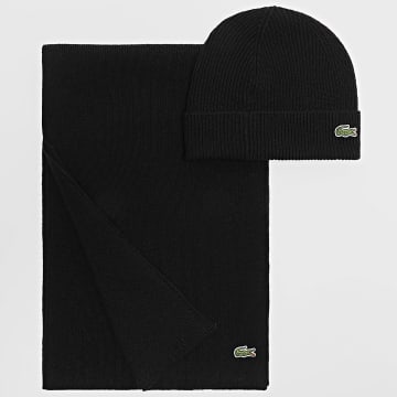 Lacoste - Lot Echarpe Et Bonnet Logo Brodé Crocodile Noir