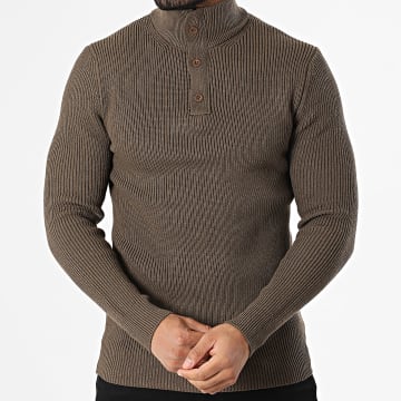 Classic Series - Jersey de canalé de cuello alto abotonado 915 marrón