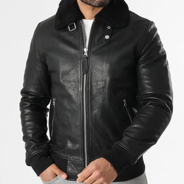 Schott NYC - Chaqueta Cuero Verdadero Cuello de Borrego Aviator Cremallera Negro