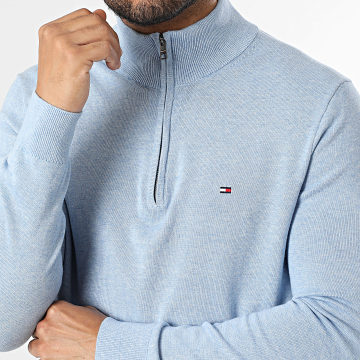 Tommy Hilfiger - Pull Col Montant Zippé Essential Cotton 7331 Bleu Clair Chiné