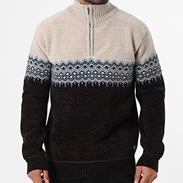 American People - Pull Col Montant Zippé Syracuse Beige Chiné Marron Chiné