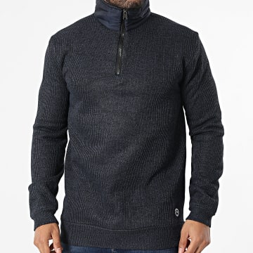 American People - Pull Col Montant Zippé Côtelé Sound Bleu Marine Chiné