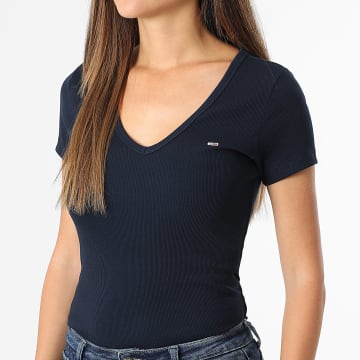 Tommy Jeans - Tee Shirt Col V Femme Slim Essential Rib 7385 Bleu Marine