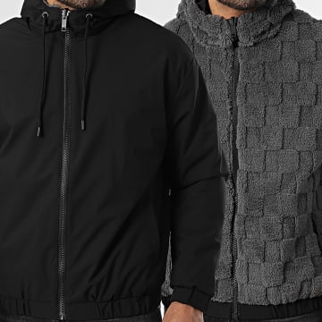 John H - Chaqueta con Capucha de Piel Reversible 03 Gris Antracita Negro