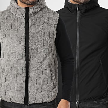 John H - Chaqueta Capucha Zippée Piel Sintética Sin Mangas 02 Gris Negro Reversible