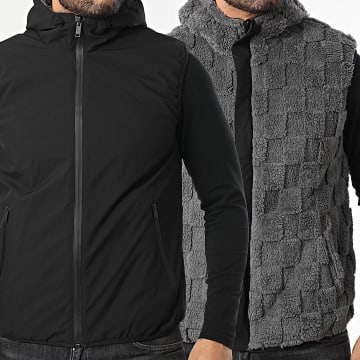 John H - Chaqueta con capucha zippée de piel sin mangas 02 gris antracita negro reversible