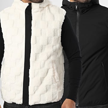 John H - Veste Capuche Zippée Fourrure Sans Manches 02 Beige Clair Noir Réversible