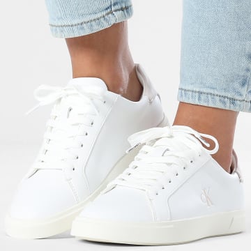 Calvin Klein - Zapatillas Mujer Low Pro Cup Laceup Leather Moire 2845 Blanco Brillante Gris Cristal