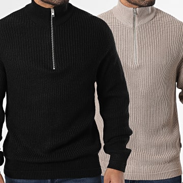 Jack And Jones - Lot De 2 Pulls Col Montant Zippé Kaito Noir Beige