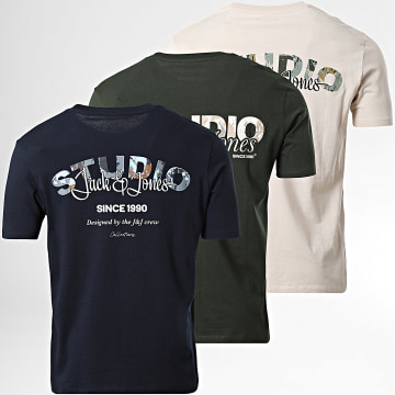 Jack And Jones - Pack de 3 Camisetas Yuki Back Beige Azul Marino Verde Caqui