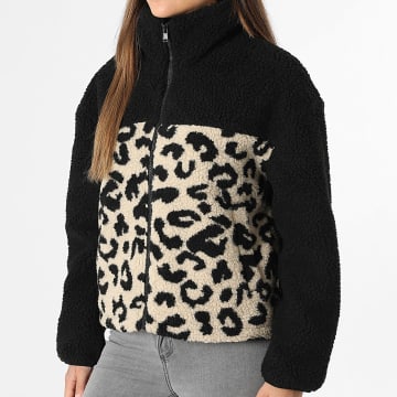 Only - Chaqueta Polar con Cremallera Mujer Elaine Negro Beige Leopardo