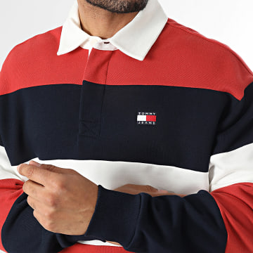 Tommy Jeans - Sweat Col Boutonné Relaxed Fit Badge Stripe Rugby 2727 Bleu Marine Rouge Blanc