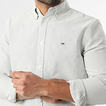 Tommy Jeans - Camisa de Manga Larga A Rayas Slim Stripe Oxford 0668 Blanco Verde Caqui