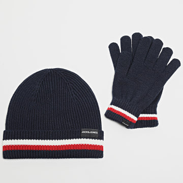 Jack And Jones - Lot Gants Et Bonnet Make Bleu Marine Blanc Rouge