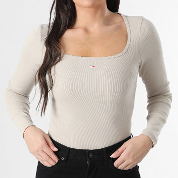 Tommy Jeans - Tee Shirt Manches Longues Femme Soft Rib 1836 Beige