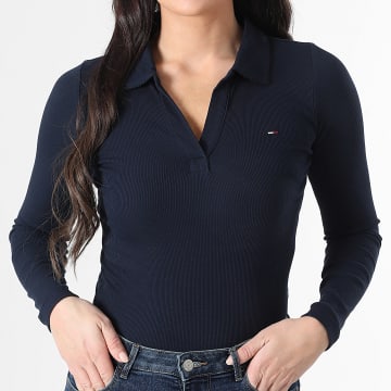 Tommy Jeans - Tee Shirt Manches Longues Col V Femme Essential Rib 1933 Bleu Marine