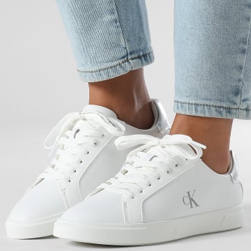 Calvin Klein - Zapatillas Mujer Low Pro Cups Laceup Leather Metallic 2846 Blanco Brillante Plata
